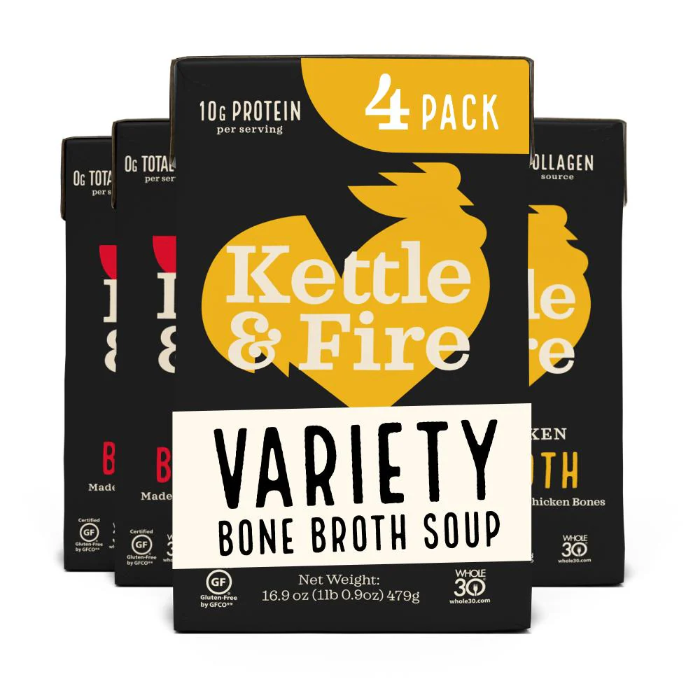 4-pack, Beef & Chicken Bone Broth, Kettle and Fire Keto Diet Friendly, Paleo Friendly, Whole 30 Approved, Gluten Free, contains Collagen, 10g of Protein, 16.9oz each